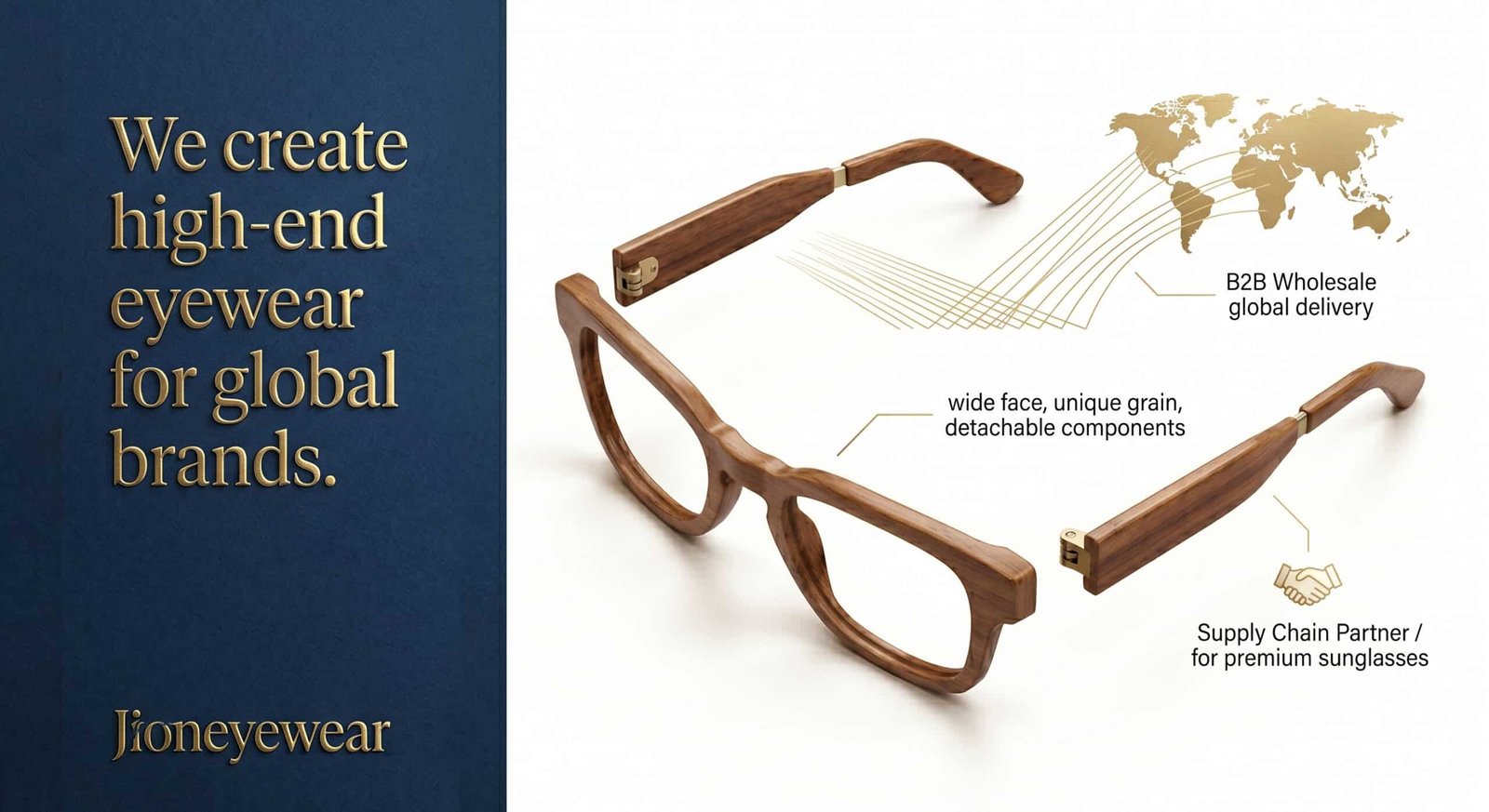 High-end wooden eyewear for global brands, featuring wide face design and detachable components for B2B wholesale.