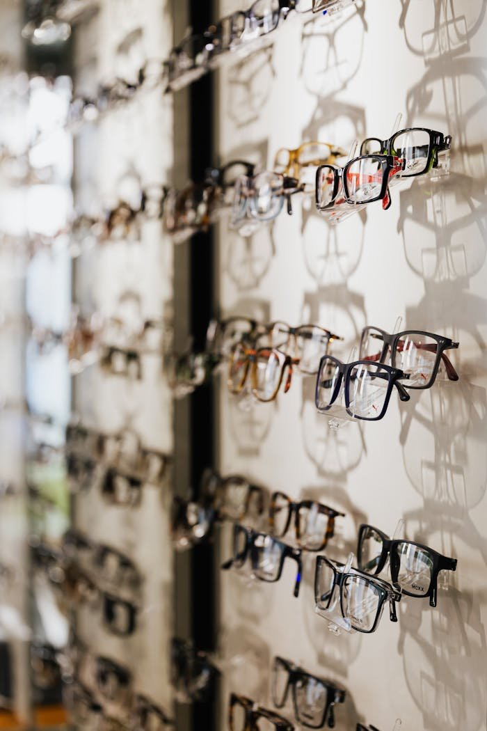 A variety of eyeglasses frames displayed on a wall in an optical store.