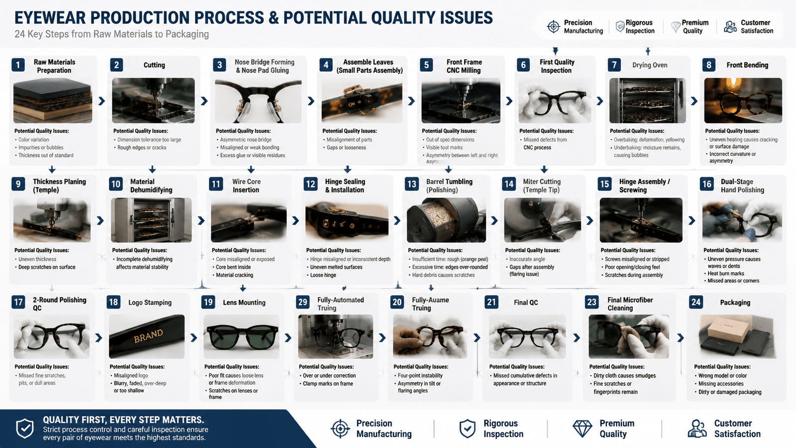 A detailed horizontal infographic illustrating the 24-step eyewear manufacturing process from raw material preparation to final packaging. Each stage of production—such as cutting, CNC milling, nose bridge forming, polishing, lens mounting, and final inspection—is shown with accompanying images and labeled steps. The chart also highlights potential quality issues at every stage, including material defects, machining errors, assembly misalignment, polishing imperfections, and packaging mistakes. The design emphasizes quality control, precision manufacturing, and end-to-end production workflow in eyewear manufacturing.