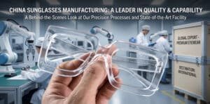 A detailed close-up of a hand holding clear, square-frame sunglasses with precision-ground lenses. Microscopic text on the frame lens reads 'CLARITY-SQUARE | MADE IN CHINA | ISO 9001 CERTIFIED'. The background shows an advanced, state-of-the-art factory floor with multiple robotic arms and masked technicians in white lab coats. Large text at the top reads: 'CHINA SUNGLASSES MANUFACTURING: A LEADER IN QUALITY & CAPABILITY', providing a behind-the-scenes look at the precision Plastic Sunglasses Manufacturing Process.