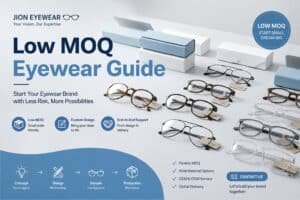 A promotional graphic for Jion Eyewear serving as a comprehensive Low MOQ Custom Eyewear Manufacturing Guide, showcasing a variety of custom eyeglass frames and cases alongside their end-to-end OEM and ODM production process.