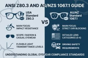 An infographic detailing global sunglasses regulations, comparing the USA ANSI Z80.3 standard's focus on impact resistance and flexible light transmittance with the AU/NZ AS/NZS 1067.1 standard's strict UVR blocking and driving safety requirements.