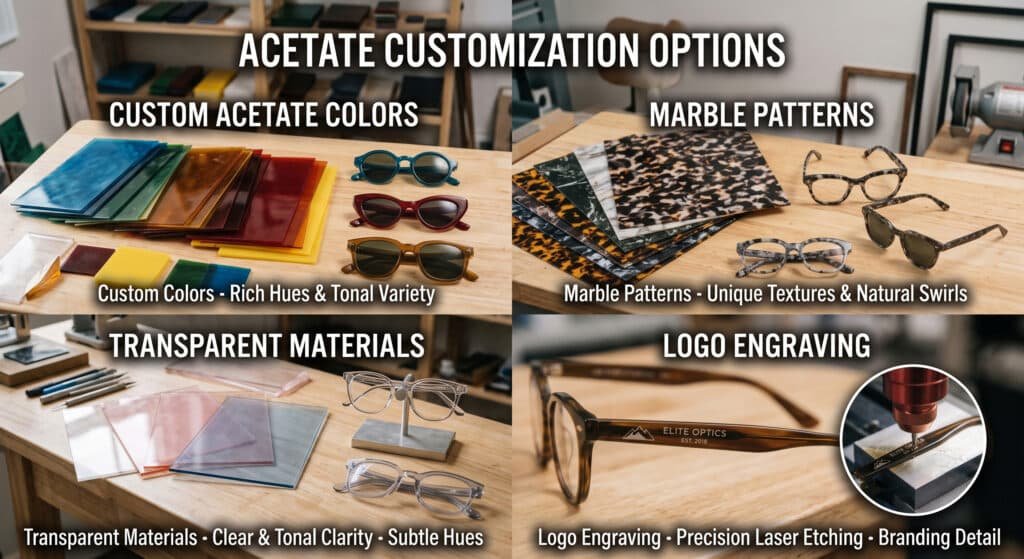 A collage illustrating four acetate frame customization options: custom acetate color sheets in rich hues, marble patterns featuring unique textures and natural swirls, transparent materials for clear and subtle tones, and precision laser etching for custom logo engraving on the eyewear temples.