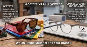 A split-screen visual guide comparing acetate vs CP eyewear to help brands choose the right frame material. The left side highlights acetate as a high-quality, handcrafted, and premium-textured material with tortoiseshell sunglasses. The right side highlights CP (Cellulose Propionate) as a lightweight, affordable, and durable option with high commercial appeal, featuring clear grey glasses.