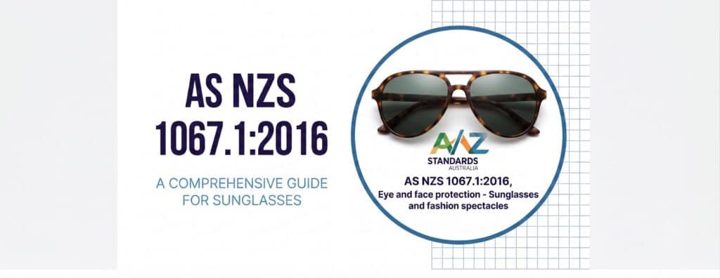 A graphic featuring tortoiseshell aviator sunglasses inside a circle over a grid background, accompanied by text for AS NZS 1067.1:2016, a comprehensive guide for eye and face protection, sunglasses, and fashion spectacles.