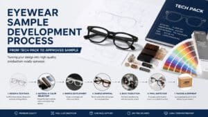 An infographic displaying eyewear customization options, featuring a black pair of sunglasses, a Pantone color matching guide, and various selections for frame materials, lens coatings, metal finishes, patterns, and custom logos.