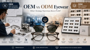 A side-by-side visual comparison of OEM vs ODM Eyewear Manufacturing strategies to maximize brand profit, contrasting the custom design and engineering of OEM with the ready-made solutions and faster time-to-market of ODM.