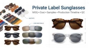 Comprehensive visual guide for private label sunglasses, displaying various finished frame designs, acetate material color swatches, and different lens material samples.