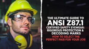 A worker wearing a yellow hard hat, ear protection, and clear safety glasses next to a title graphic for the ultimate guide to ansi z87.1 certified safety eyewear.