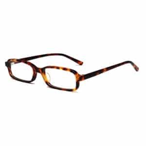 Three-quarter angled view of a tortoise shell eyeglasses rectangle frame, highlighting the temple and rim design.
