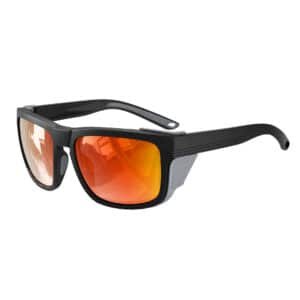 A three-quarter angled view of black-framed polarized z87 sunglasses featuring vibrant orange mirrored lenses and protective grey side shields, isolated on a white background.