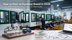 A comprehensive composite image detailing how to start an eyewear brand in 2026. The main headline is "How to Start an Eyewear Brand in 2026: Cost, MOQ, Manufacturing & Step-by-Step Guide." The foreground features a desk with a display of various glasses, color swatches, technical CAD drawings, and a laptop with a project management chart. The background shows a busy eyewear manufacturing factory with modern CNC machines and workers.