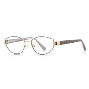 Front three-quarter view of elegant oval metal eyeglass frames featuring brown rims, gold bridge details, and textured temples against a solid white background.