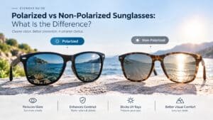 An eyewear guide comparing polarized vs non polarized sunglasses against a bright sunny seascape, illustrating how polarized lenses reduce glare and enhance contrast while non-polarized lenses leave intense water reflections visible.