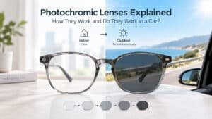 A descriptive image titled 'Photochromic Lenses Explained', comparing clear vision indoors versus darkened vision inside a car. A sequence of five lens icons at the bottom illustrates the automatic tinting process from clear to dark in response to light. The scene explicitly explores photochromic lenses and car usage.