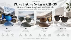 Comparison guide for choosing the best sunglass lens material, covering PC, TAC, nylon, and CR39 options.