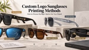 Custom Logo Sunglasses Printing Methods - An overview showing various techniques such as hot stamping, screen printing, laser engraving, laser color fill, and 3D metal logos for custom logo sunglasses