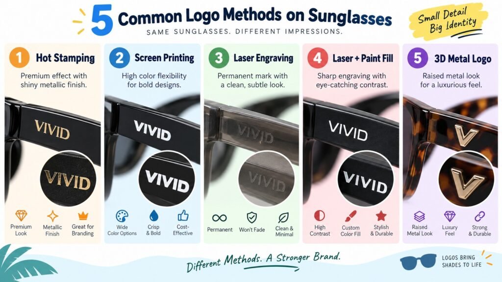 5 Common Logo Methods on Sunglasses - Infographic comparing Hot Stamping, Screen Printing, Laser Engraving, Laser + Paint Fill, and 3D Metal Logo options for eyewear branding.