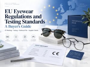 A buyer's guide layout featuring sunglasses, optical frames, and test reports under EU eyewear regulations and safety standards.