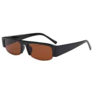 Retro black frame rectangular sunglasses with tinted brown lenses shown from a three-quarter angle