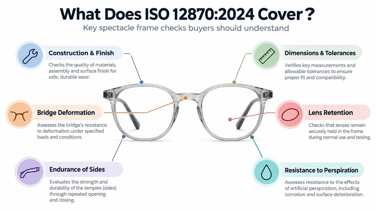 Infographic explaining what ISO 12870 covers including bridge deformation, lens retention, and hinge endurance tests